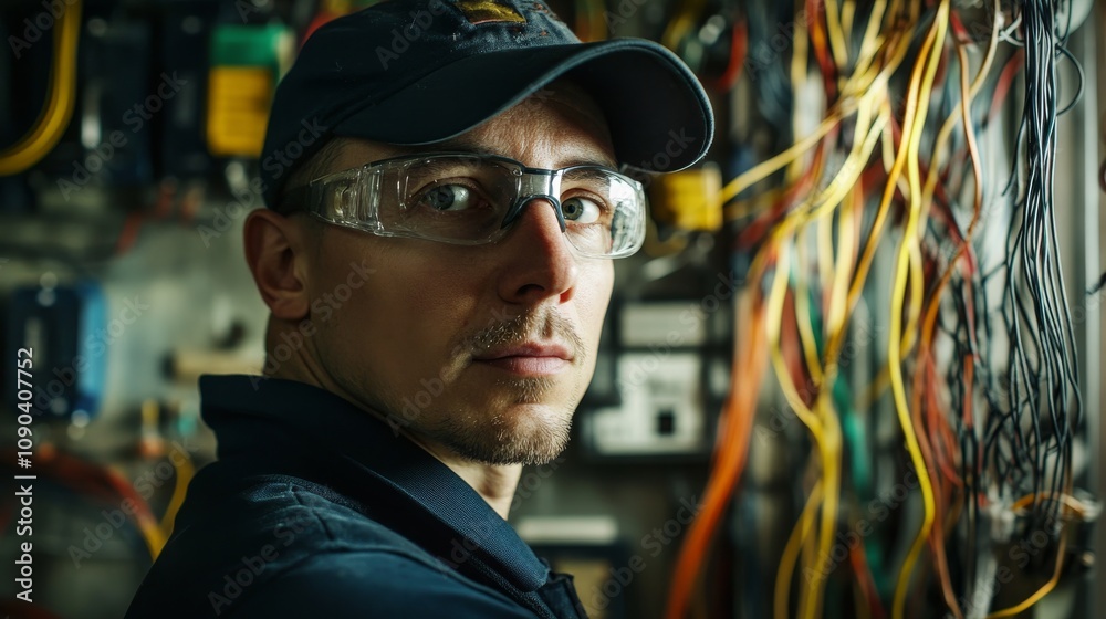 Poster a portrait of an electrician installing wiring, with a background of circuit breakers and cables, el