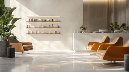 Obraz premium Modern and Minimalist Salon Interior Design: Sunlit Waiting Area with Stylish Seating and Product Display