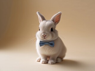 Fototapeta premium Cute bunny with blue bow tie on beige background.