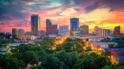 Fototapeta premium Captivating Urban Skyline at Dusk with Vibrant Colors and City Lights Illuminating Downtown Area Under Dramatic Clouds and Sunset Reflections