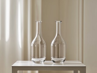 Two empty glass bottles sitting next to each other on a table.