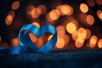 Heart-Shaped Symbol with Blue Ribbon in Luminous Bokeh Background for National Foster Care Month Awareness Promoting Foster Family Support and Child Welfare