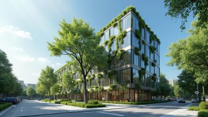 Obraz premium A new architectural marvel showcases a contemporary design featuring lush greenery on its facade. Sunlight floods the urban landscape, highlighting the vibrant surroundings