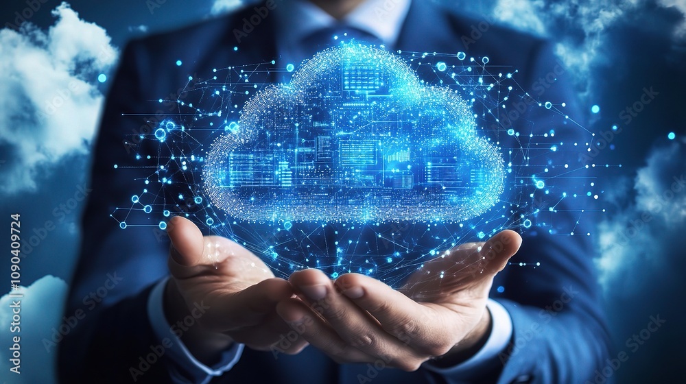 Poster man in suit gestures with cloud technology visualization above hands surrounded by digital elements 