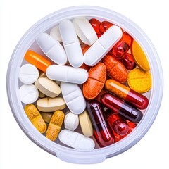 Closeup of a pill organizer filled with antibiotic capsules, detailed textures emphasizing daily care and medication adherence