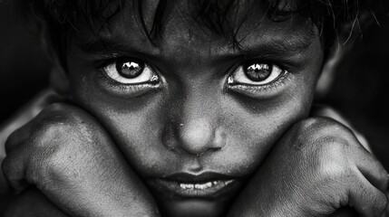 Fototapeta premium Intense gaze of a young boy in black and white