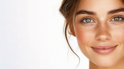 Naklejka premium Close-Up Portrait of a Young Woman with Freckles and Radiant Skin, Exuding Natural Beauty and Confidence in a Soft Light Environment