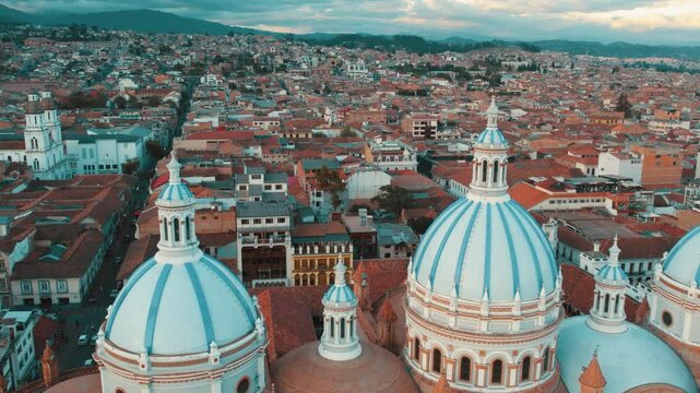 Drone view from te inmaculada church in Cuenca Ecuador
