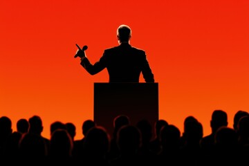 Motivational speaker addressing a crowd dynamic composition emphasizing energy and inspiration in the room