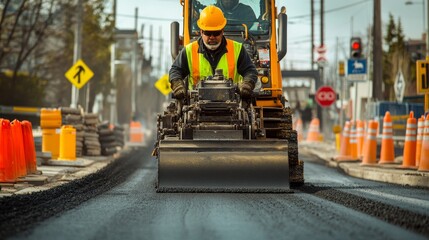 Fototapeta premium A road paver in reflective gear and helmet, operating a paving machine with fresh asphalt being laid, looking into the camera with a backdrop of traffic cones and warning signs