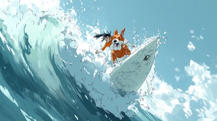 Fototapeta premium A person surfing on a wave with a dog, showcasing a playful and adventurous moment.