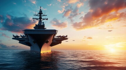 Fototapeta premium Majestic Aircraft Carrier at Sunset Over Ocean Waters