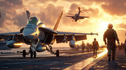 Fototapeta premium Fighter Jet on Aircraft Carrier during Sunset