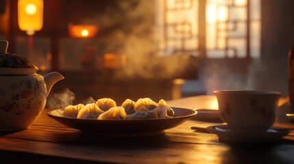 Warm Evening in China: Steaming Dumplings and Tea