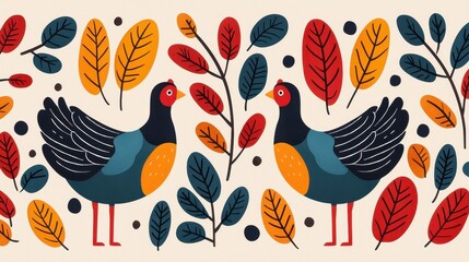 Colorful birds and leaves in whimsical Thanksgiving design