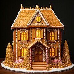 Sparkling Gingerbread Manor with Golden Details