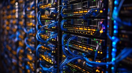 Incorporate abstract patterns resembling server racks or code snippets, 16:9