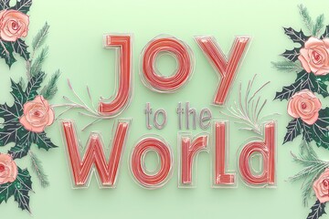 "Joy to the World" message bordered by neon rose and emerald with silver fine lines, on a light pastel green background