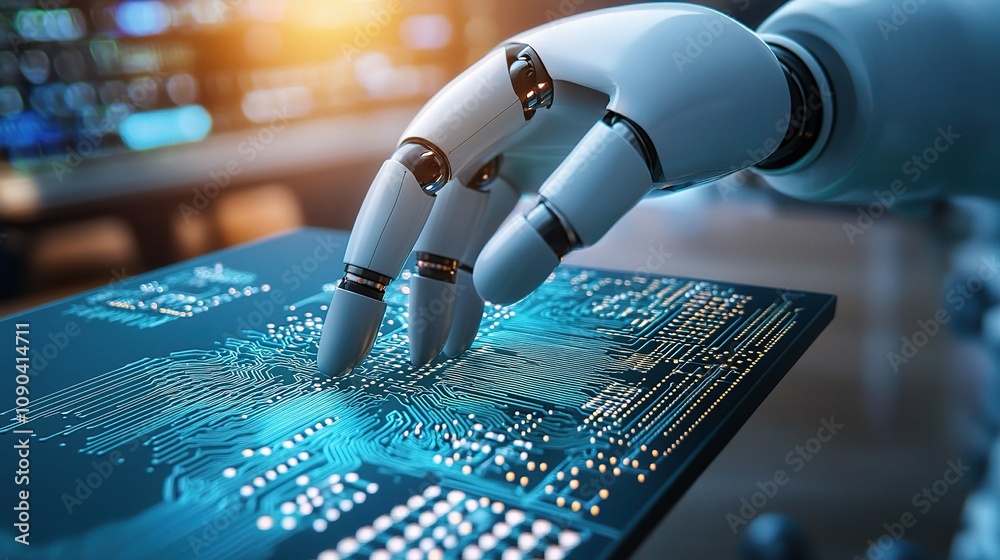 Poster robotic hand interacting with circuit board in futuristic environment showcasing advanced technology