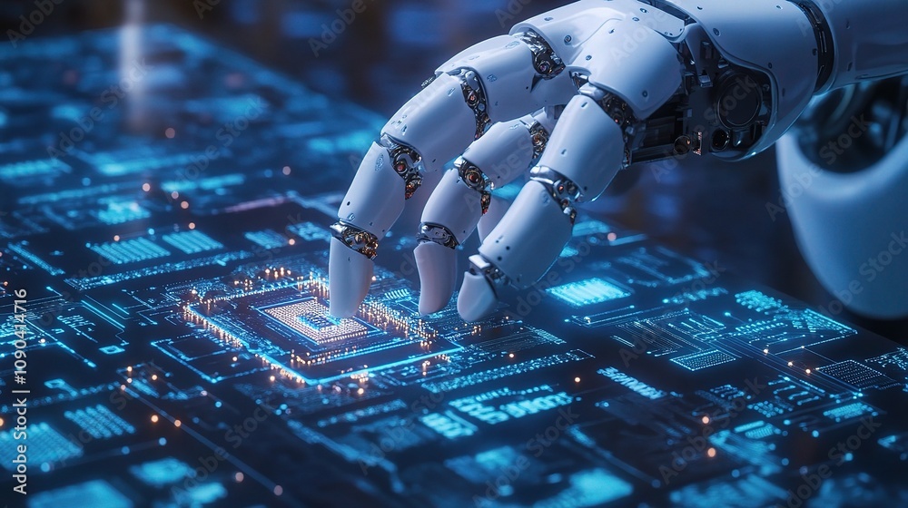 Poster robotic hand interacting with a futuristic circuit board, represents technology integration, artific