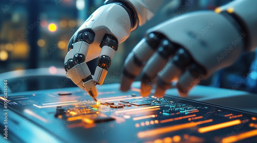 Poster futuristic robot hand interacting with circuit board in a high-tech environment, showcasing advanced