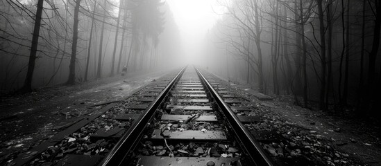 Fototapeta premium Train Tracks in a Foggy Landscape with Black and White Trees