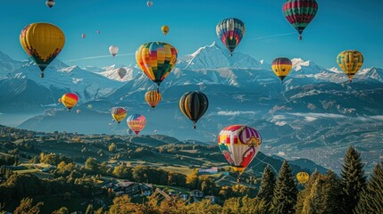 Obraz premium Colorful hot air balloons soaring over a scenic mountain landscape.