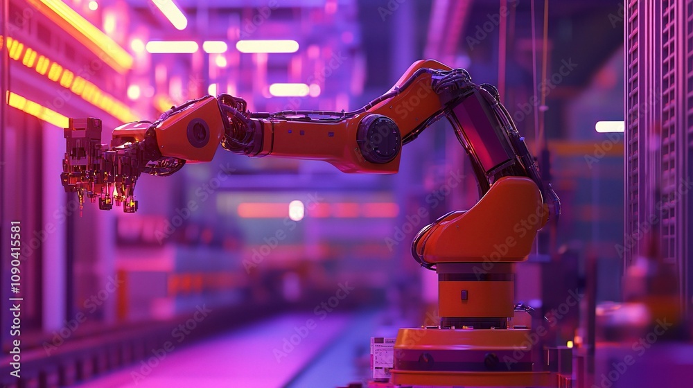 Poster advanced industrial robotic arm operating in futuristic factory setting with neon lighting and high-