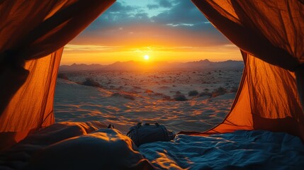 Close-up of a tent set up in the middle of a desert, with detailed dunes stretching as far as the eye can see and the glow of a sunset on the horizon.