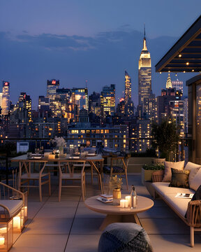 Cozy rooftop dining with modern furniture overlooking a vibrant city skyline at night.