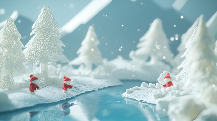 Miniature woolen characters ice fishing in a papercut landscape snowy mountain backdrop peaceful winter day