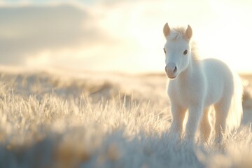 Obraz premium White Horse Stands in Frosted Grass at Sunset - A Stunning Image of Nature