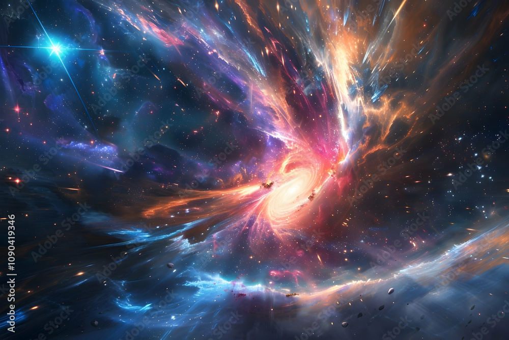 Wall mural vibrant space scene with nebula, quasars, and pulsar in an ethereal galactic journey