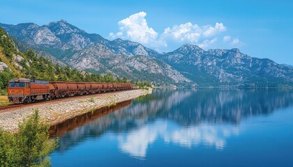 Fototapeta premium Freight Train Traveling Through Mountainous Landscape with Blue Lake