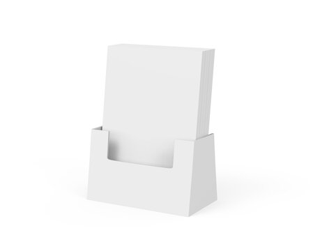 Acrylic wall mount brochure holder mockup with blank white brochures. 3d illustration.