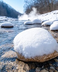 Snowy winter landscape with frozen river and sparkling ice