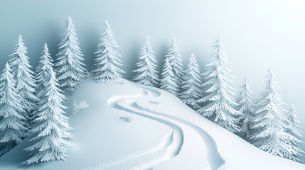 Fototapeta premium Papercut forest with ski tracks winding between frosty pine trees early morning light