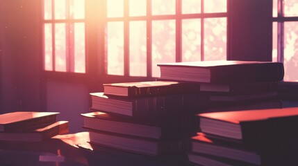 Serene Study Space with Stacked Books and Soft Morning Light Streaming Through Windows, Evoking a Sense of Peace and Knowledge in a Cozy Atmosphere