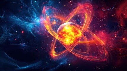 A fiery, glowing sphere surrounded by swirling rings of light, set against a dark background with scattered stars.