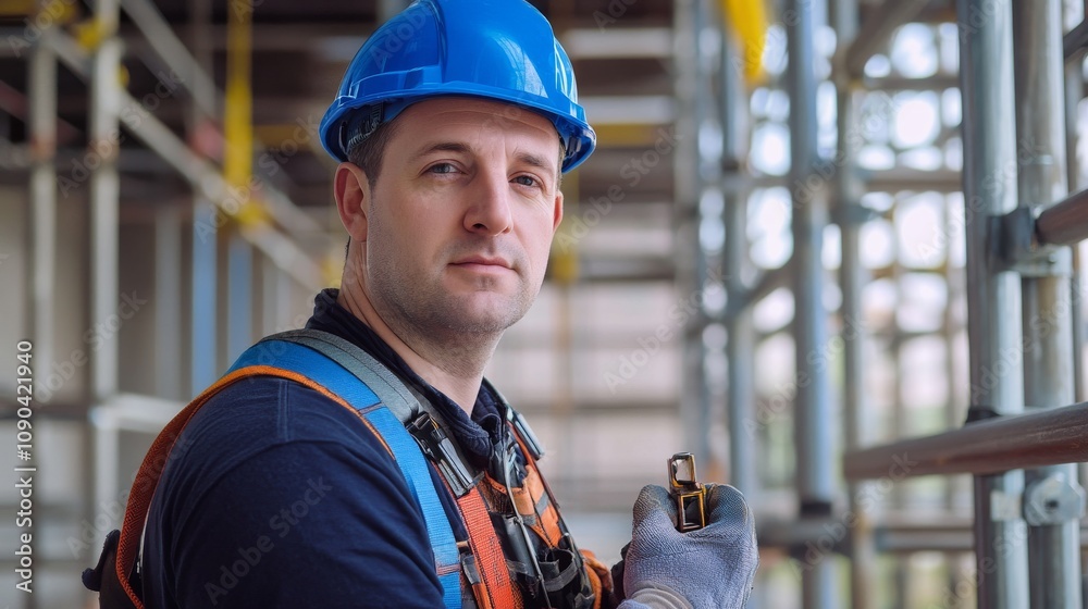 Poster a scaffold assembler in a blue hard hat and safety harness, holding a scaffolding joint, looking dir