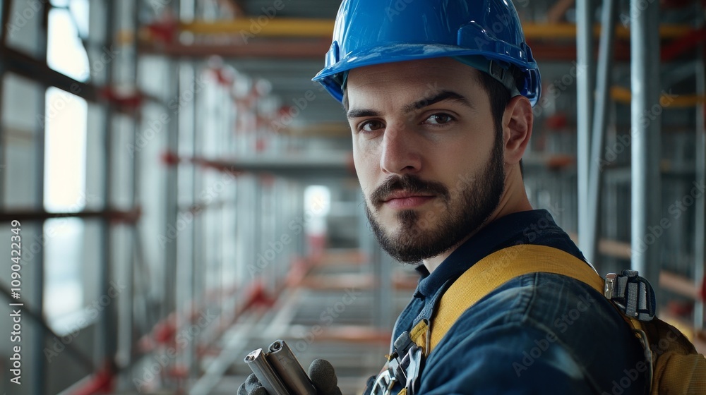 Poster a scaffold assembler in a blue hard hat and safety harness, holding a scaffolding joint, looking dir