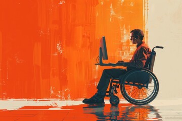 inclusive workplace: businessman in a wheelchair working on a computer in a minimalist setting