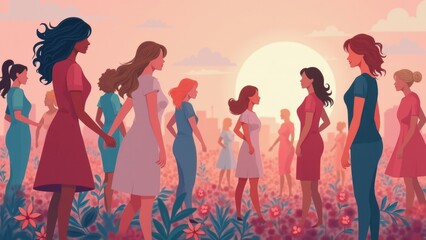Groups of women dressed in colorful attire stroll through a blooming flower field at sunset, representing unity, empowerment, and connection to nature amid a pastel sky