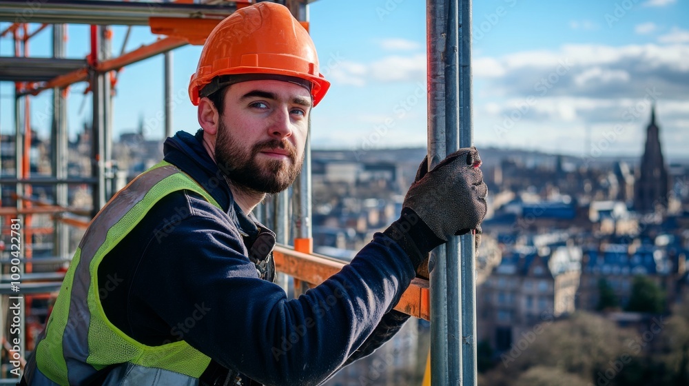 Poster A scaffold erector in a high-visibility vest and hard hat, adjusting a scaffolding joint and looking into the camera, with multiple levels of scaffolding and a city skyline behind