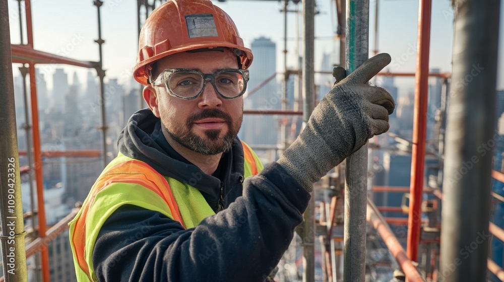 Poster A scaffold erector in a high-visibility vest and hard hat, adjusting a scaffolding joint and looking into the camera, with multiple levels of scaffolding and a city skyline behind
