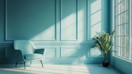 Fototapeta premium Minimalist plain dark black wall with classic paneling and a single pastel beige chair, 3D rendering 