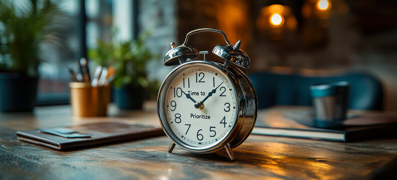 Vintage Alarm Clock with Priority Message on Desk Symbolizing Time Management