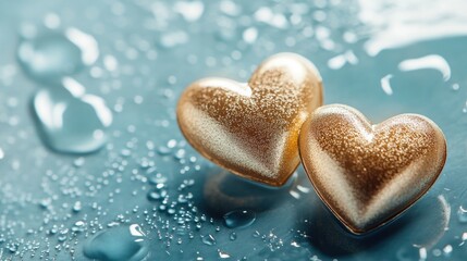Obraz premium Two golden heart shapes on a wet surface, symbolizing love and affection.
