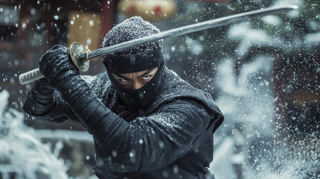 Skilled ninja practices sword techniques in snowy environment during winter training session