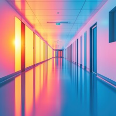 Modern hospital hallway with vibrant lighting and medical staff in motion emphasizing efficiency and technological advancement